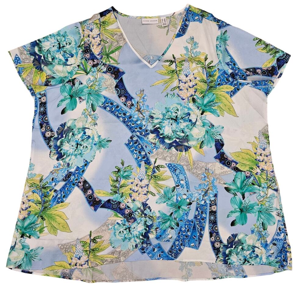 Susan Graver Women's Plus Size Satin Tunic Top Blue Floral V Neck Blouse Size 2X